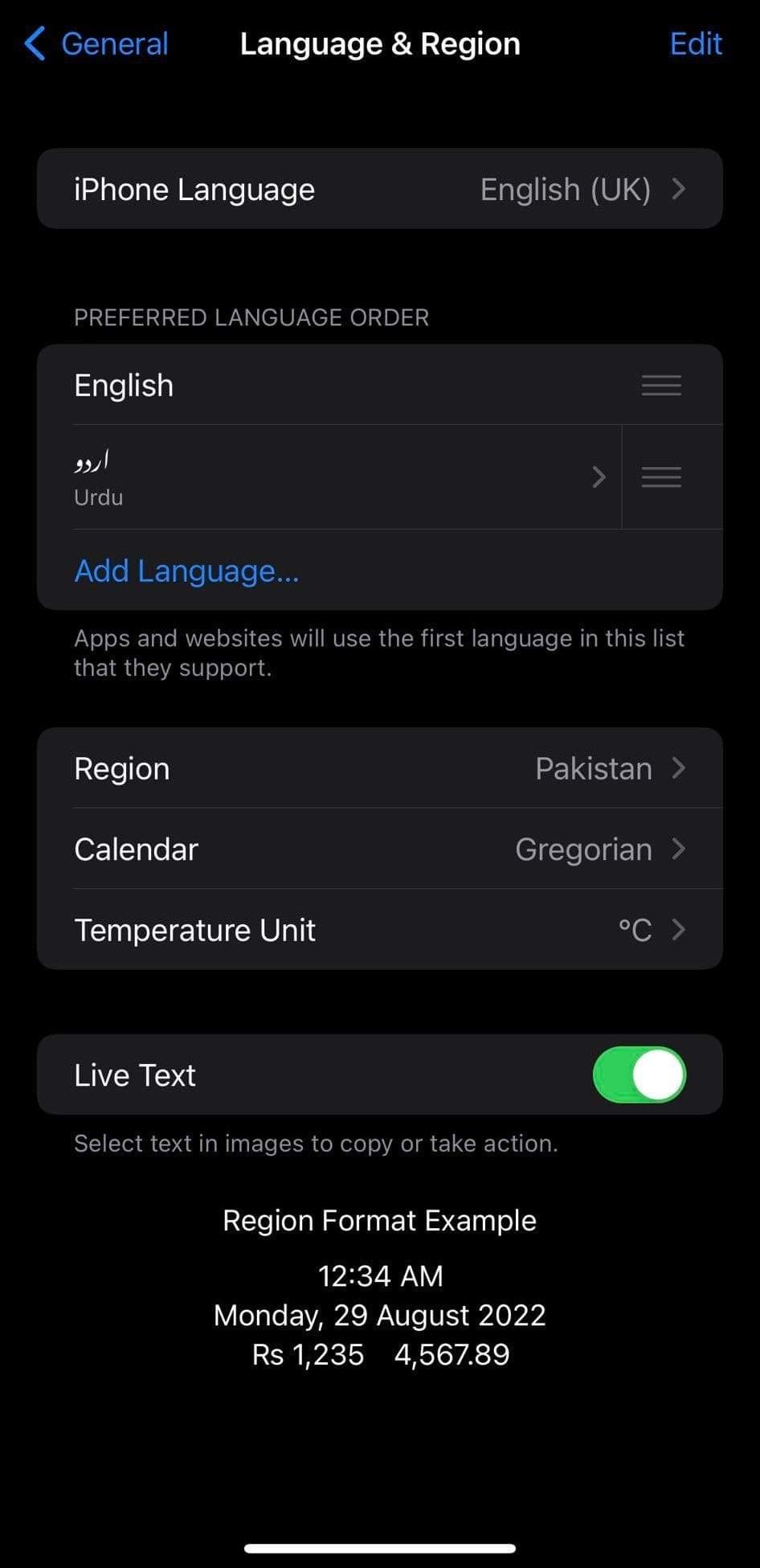 Clicking on iPhone Language Option Under Language and Region Settings in Settings App for iOS