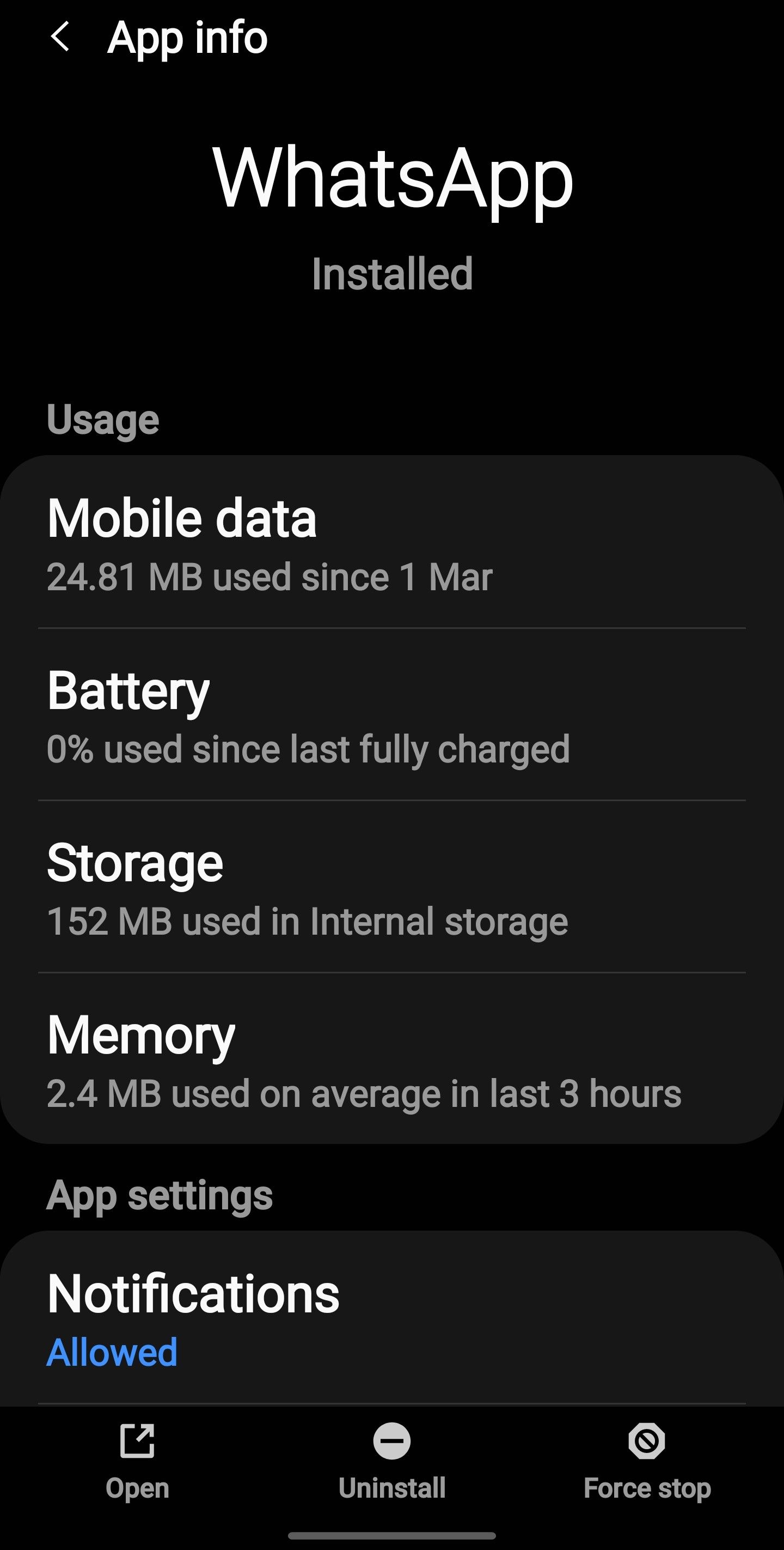 Clicking on the Storage Settings under WhatsApp’s App Info Tab in Settings App for Android