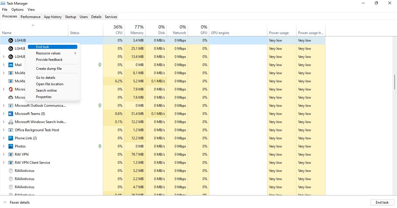 Ending the LGHUB Task by Clicking on the End Task Option in Windows Task Manager App