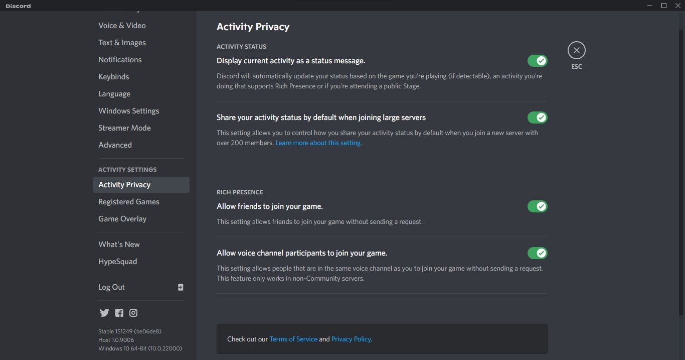 Switching the Toggle for Display Current Activity as a Status Message Setting to the Right by Clicking on Activity Privacy under Activity Settings in Discord User Settings