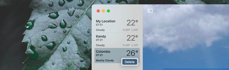 Deleting a location in Weather for macOS Ventura.