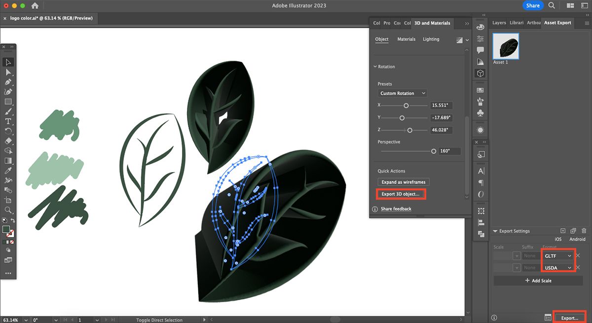 3D Extrude and export options in Illustrator.