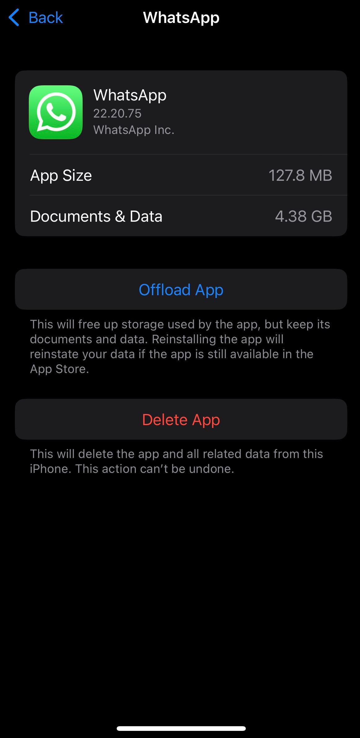 Clicking on Offload App Button Right Below WhatsApp in Settings App for iOS