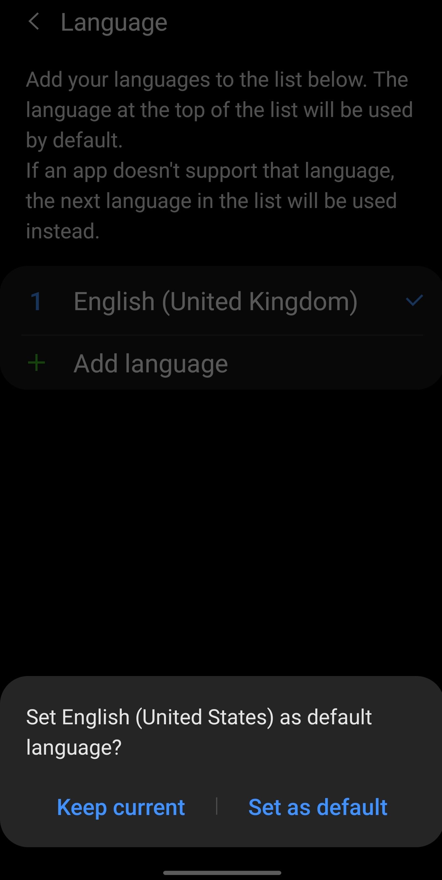 Clicking on Set as Default Option After Selecting the Preferred Language in Settings App for Android