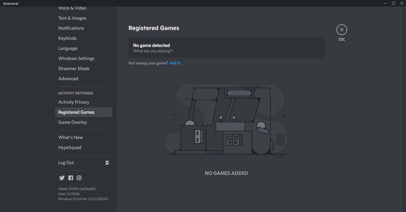 Clicking on the Registered Games Option Under Activity Settings in User Settings in the Discord App on Windows