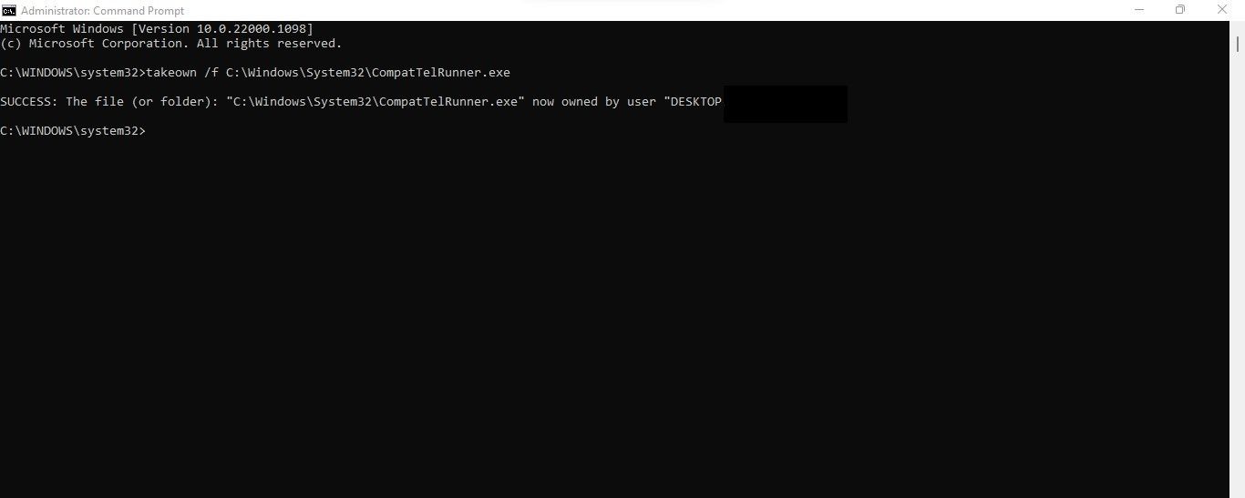 Taking Ownership of the CompatTelRunner.exe File By Running a Command in the Command Prompt App on Windows