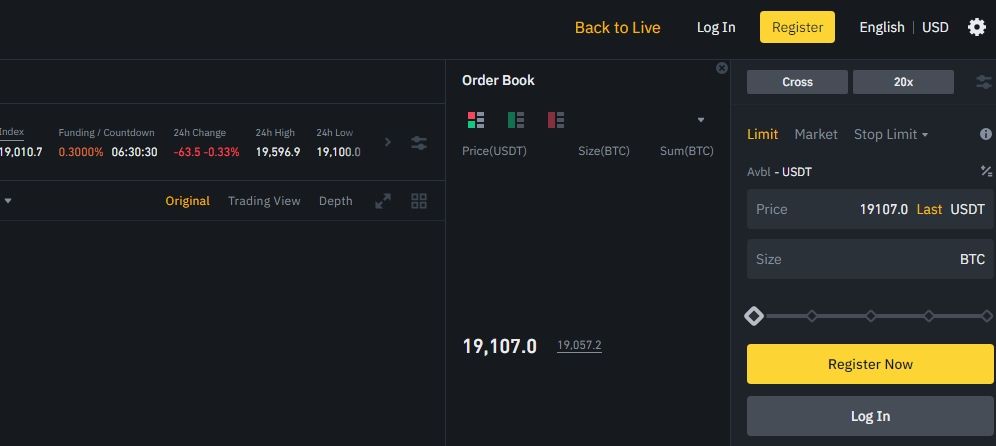 A screenshot of Binance Mock Trading (back to live)