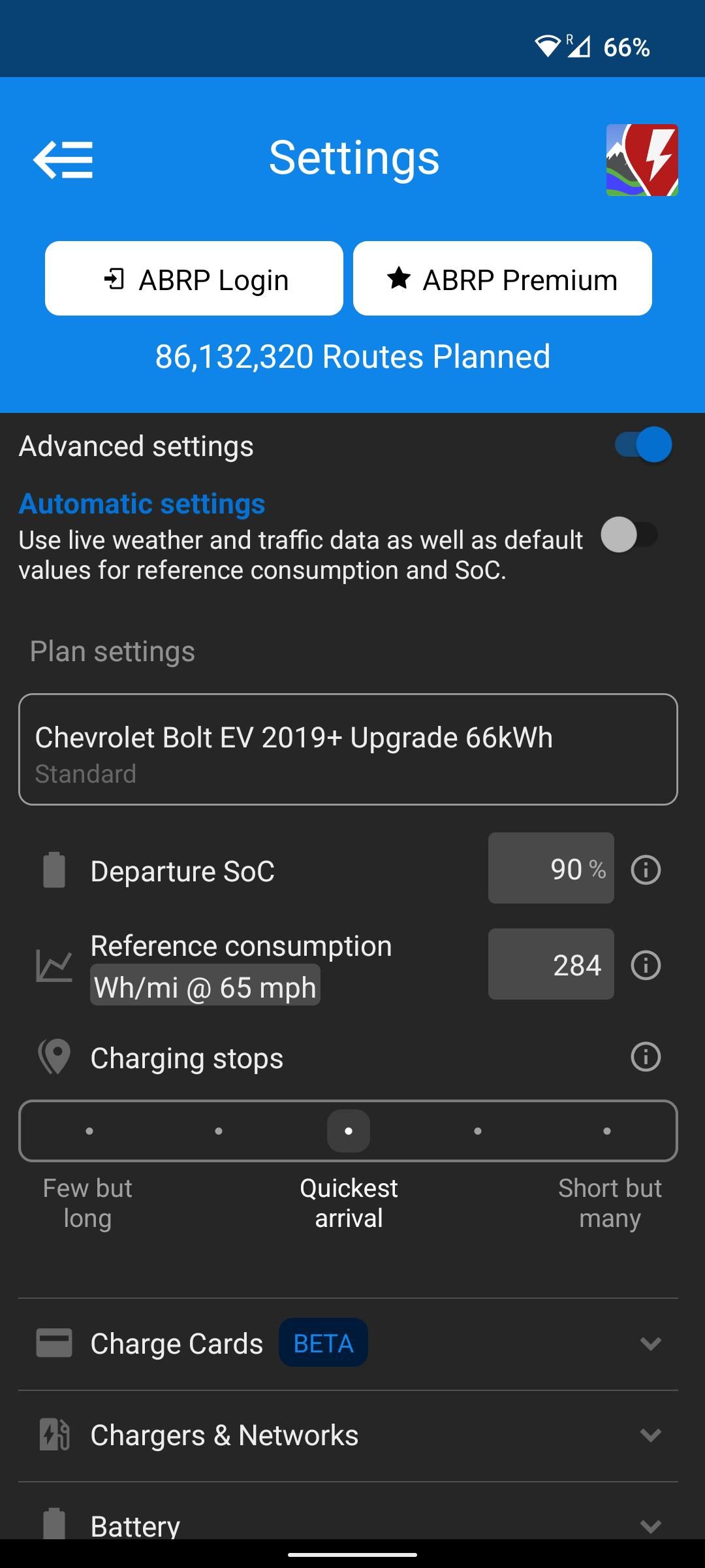 Advanced settings within A Better Route Planner app on Android