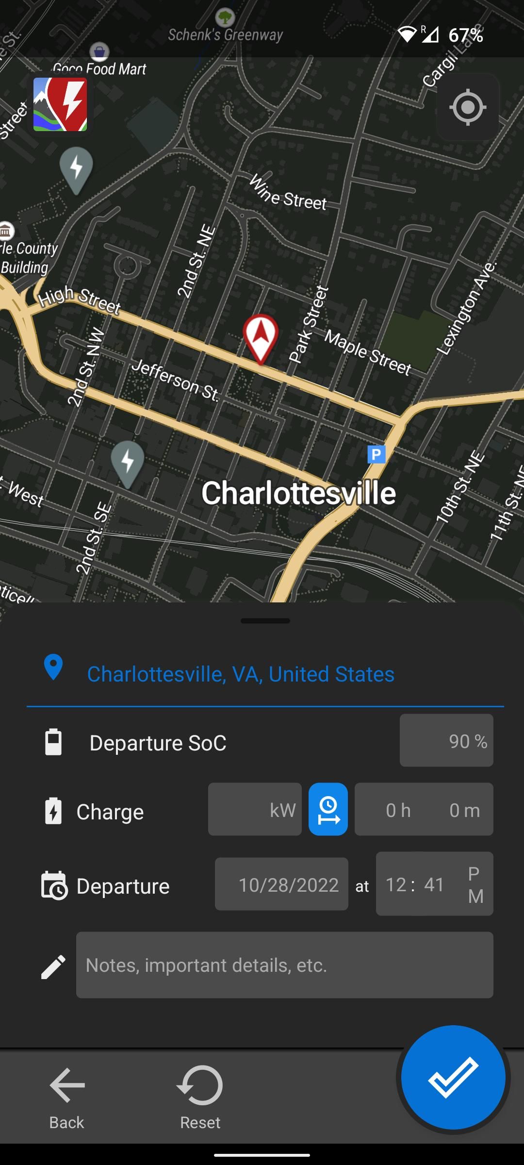 Departure settings in A Better Route Planner app on Android