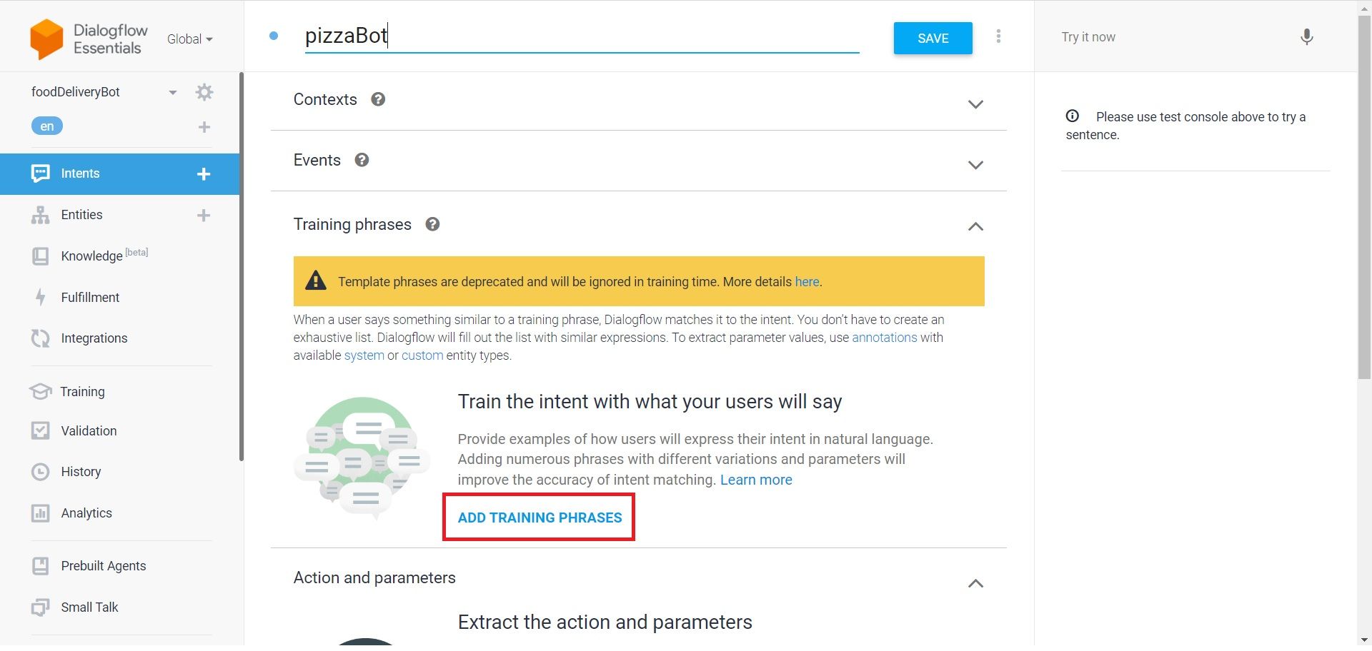 Add Training Phrases to Intent of Bot