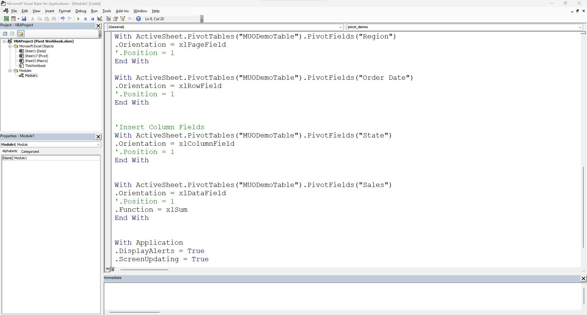 VBA code to add filters, rows, columns, and values in Excel pivot