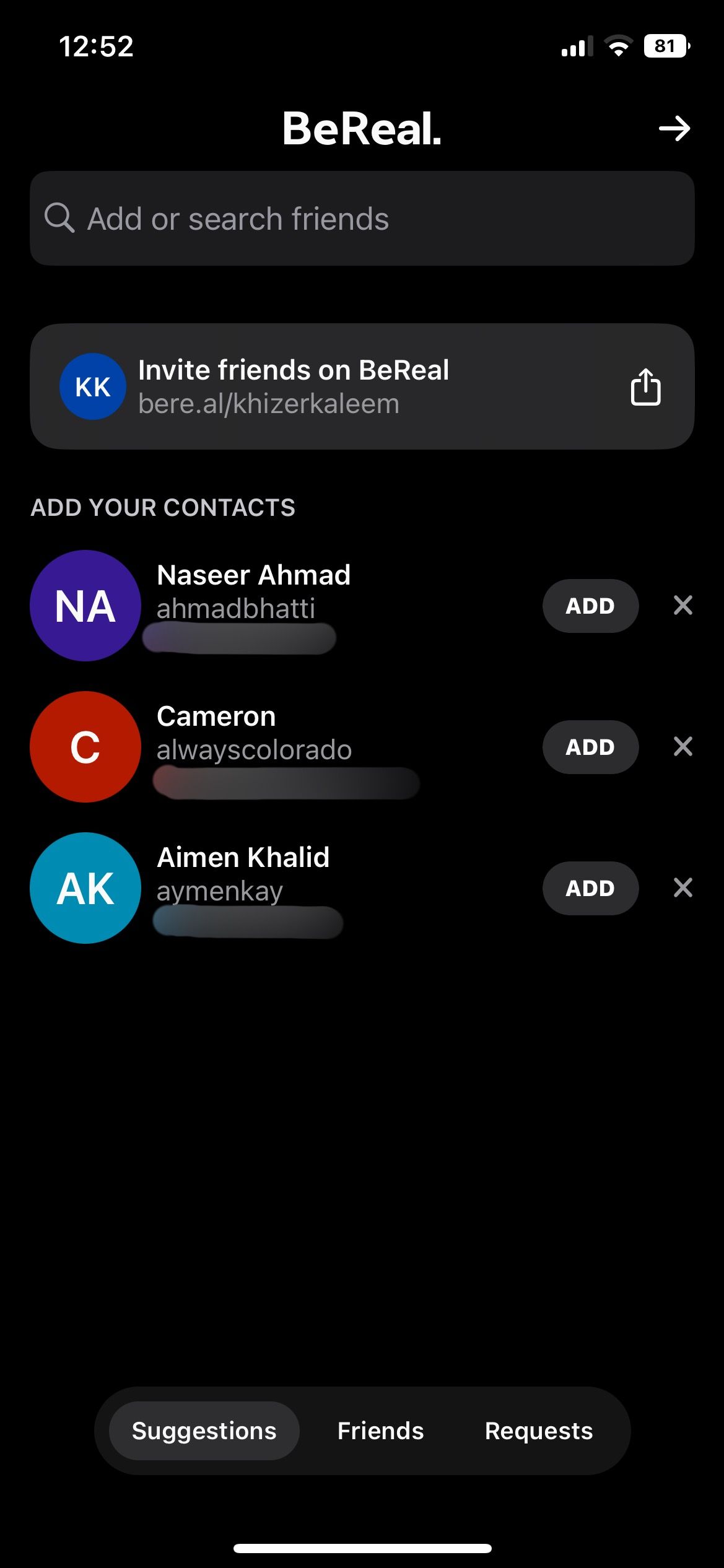 Add your contacts on BeReal