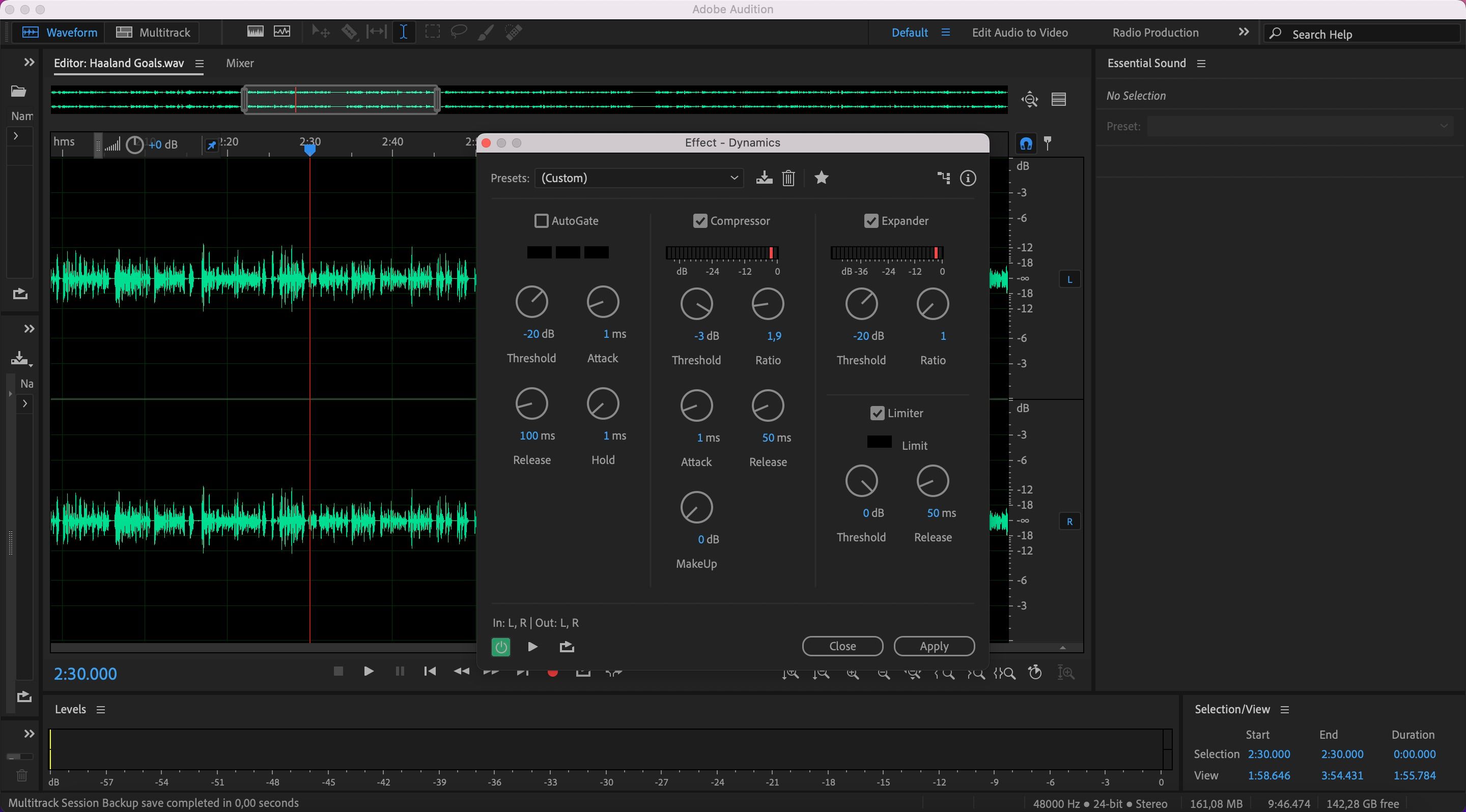 screenshot showing the limiter in adobe audition
