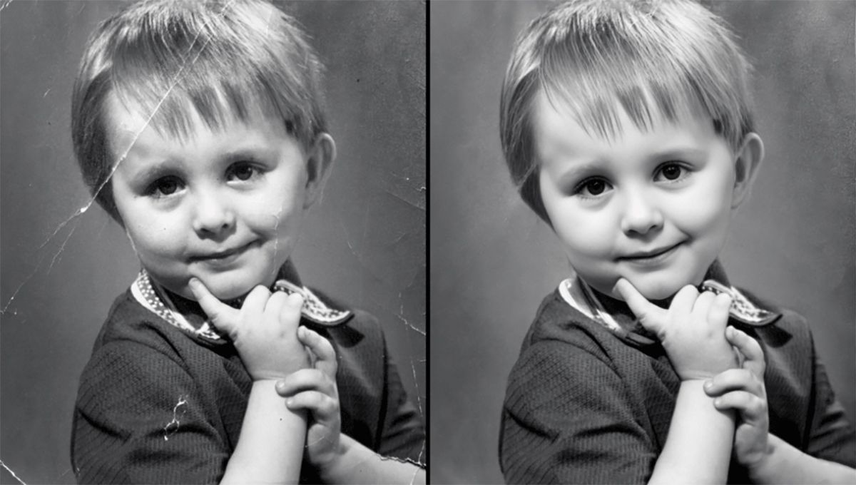 Side-by-side comparison of vintage and restored photo of boy.