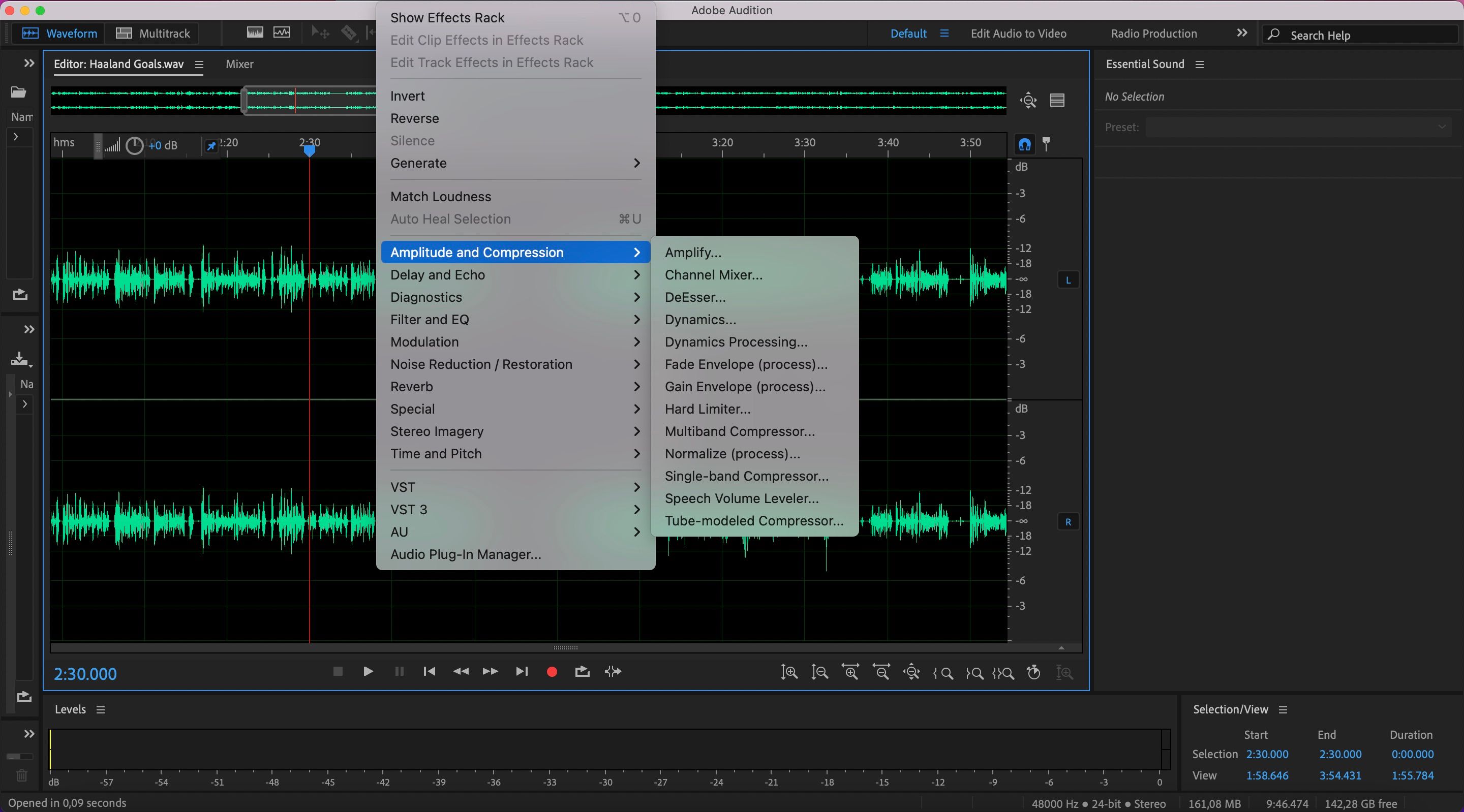 screenshot showing how to get to amplitude and compression in adobe audition