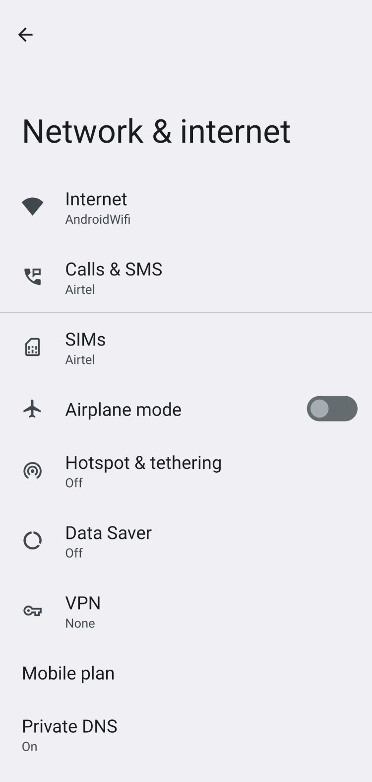 Android Network & Internet Settings Preview