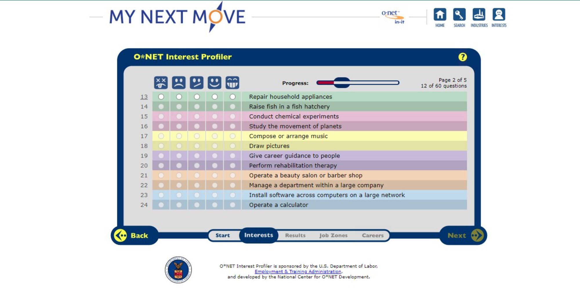 O*NET Interest Profiler tool for career profiling