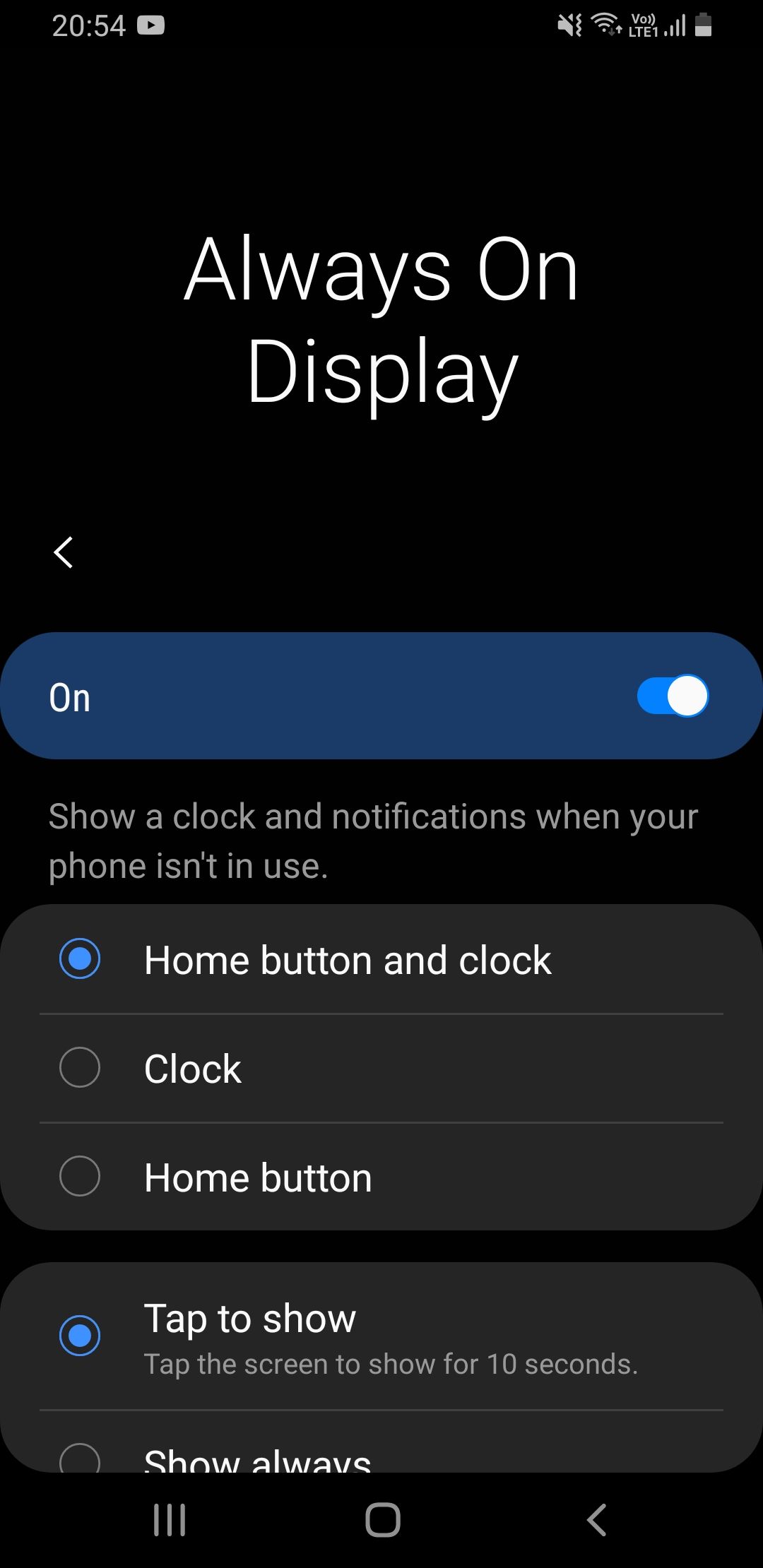 Screenshot of Samsung AOD settings