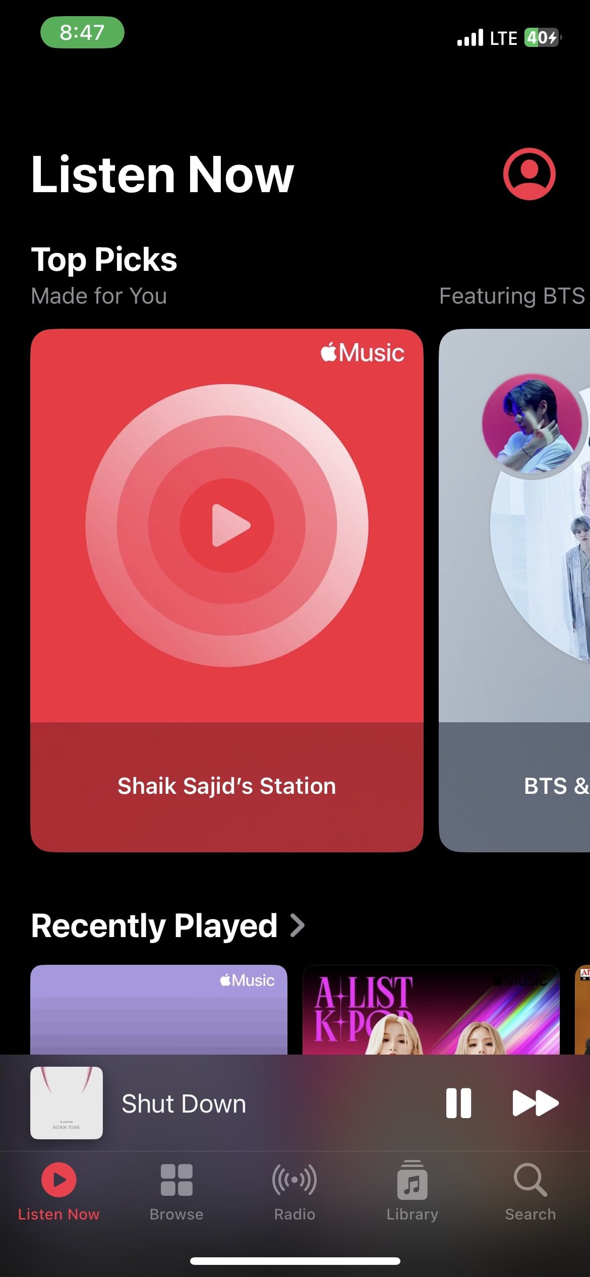 صفحه اصلی برنامه Apple Music در iOS