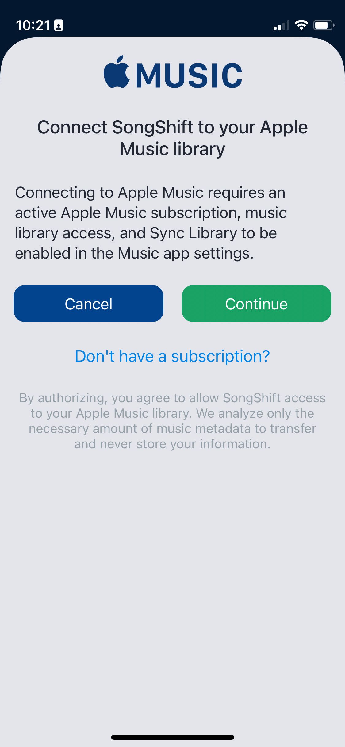Apple Music permission request in SongShift