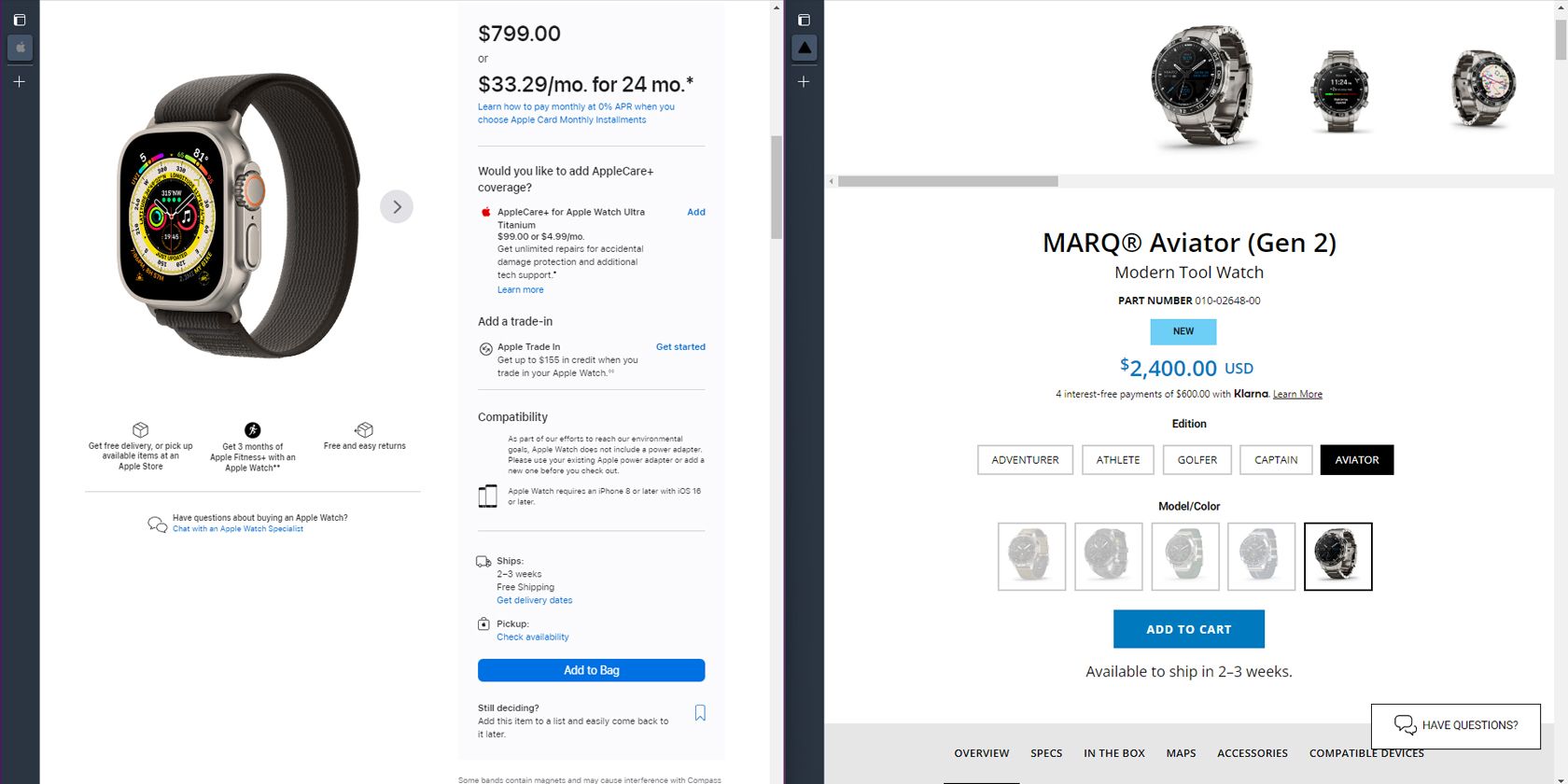 Apple Watch Ultra vs Garmin MARQ Add to Cart Page