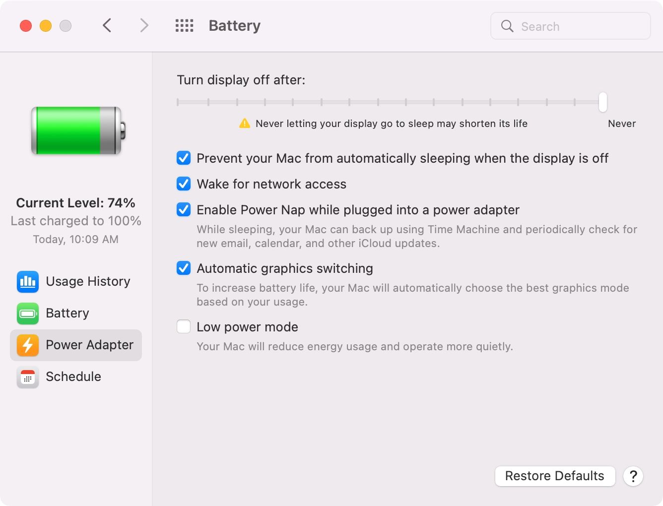 Managing energy settings for the power adapter on macOS Monterey