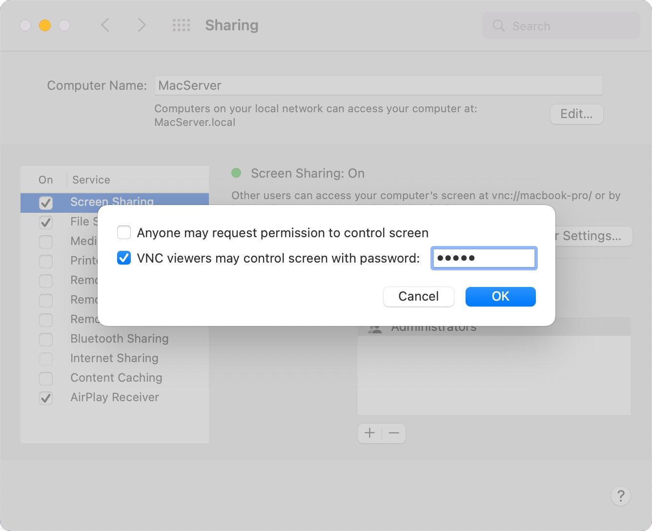 Screen sharing settings in System Preferences on macOS Monterey