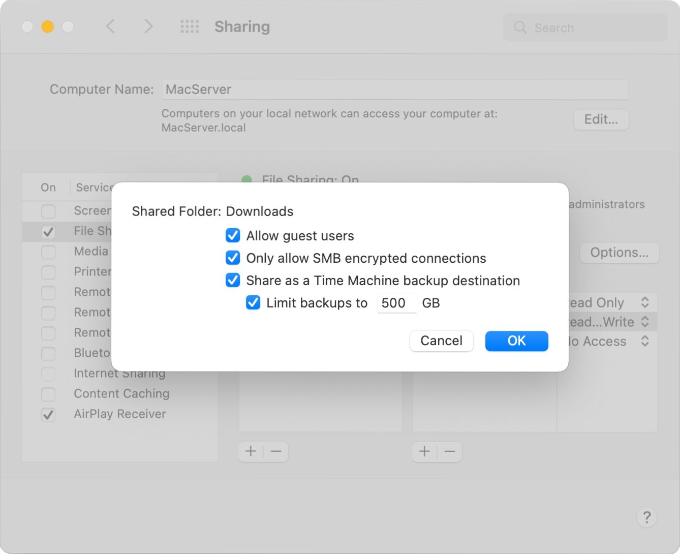 Advanced file sharing options in System Preferences on macOS Monterey