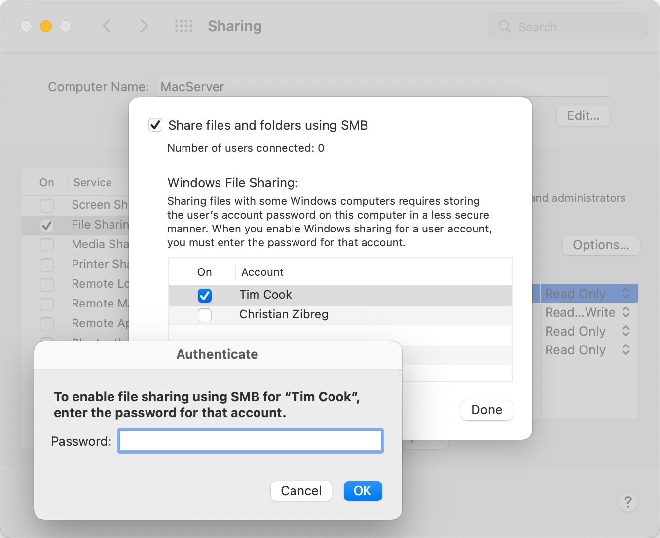 Authenticating a user for SMB Windows file sharing in System Preferences on macOS Monterey