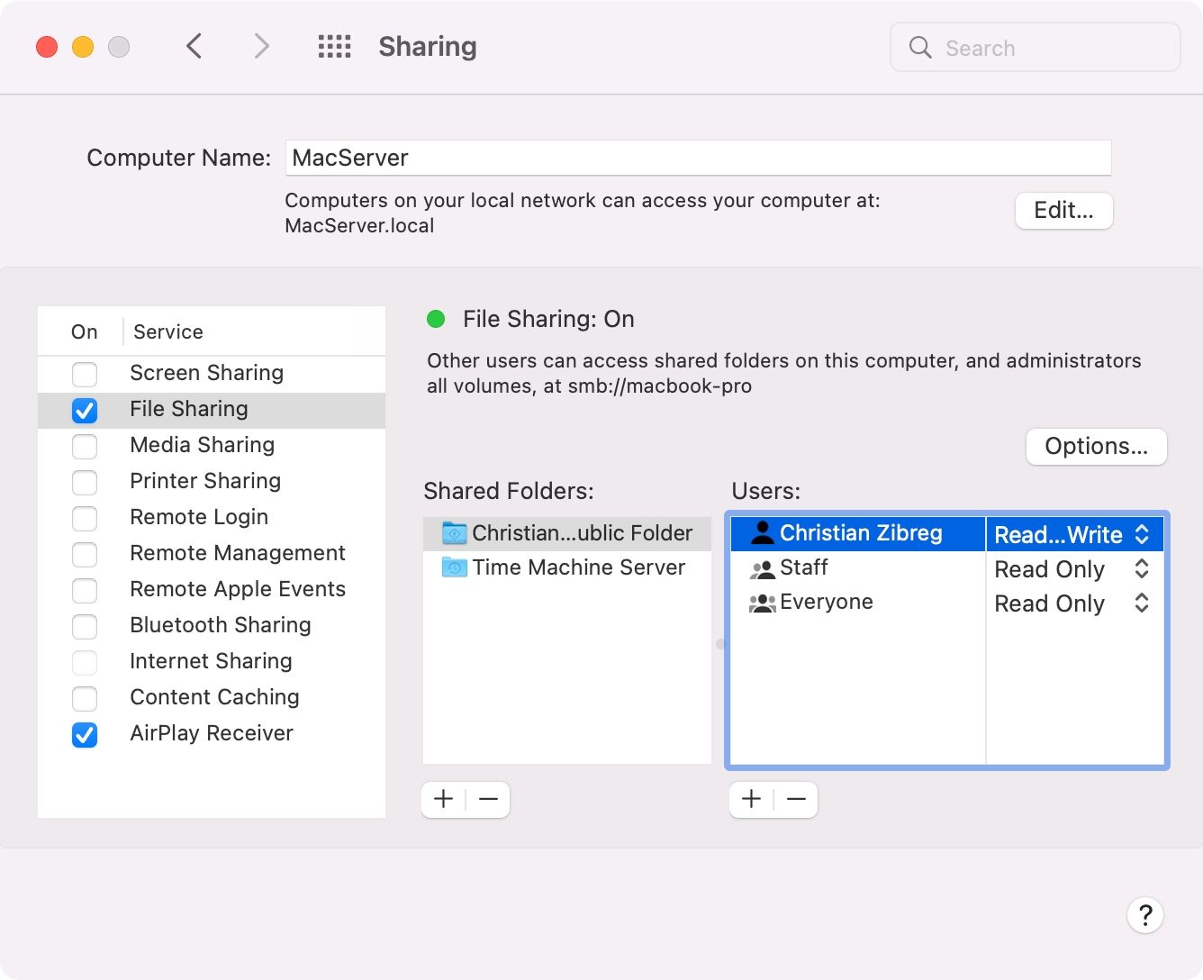 The sharing settings on macOS Monterey with the File Sharing service enabled