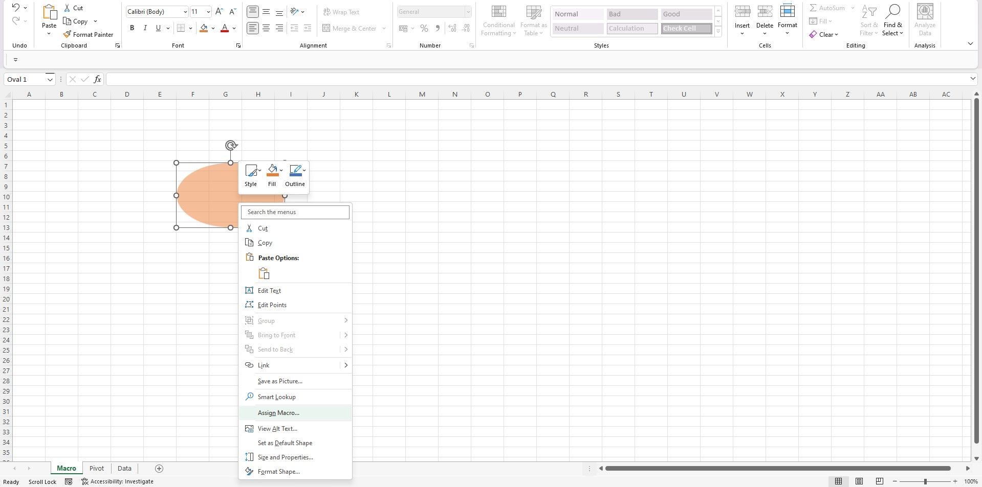 A circle in an excel workbook with a dialog box open