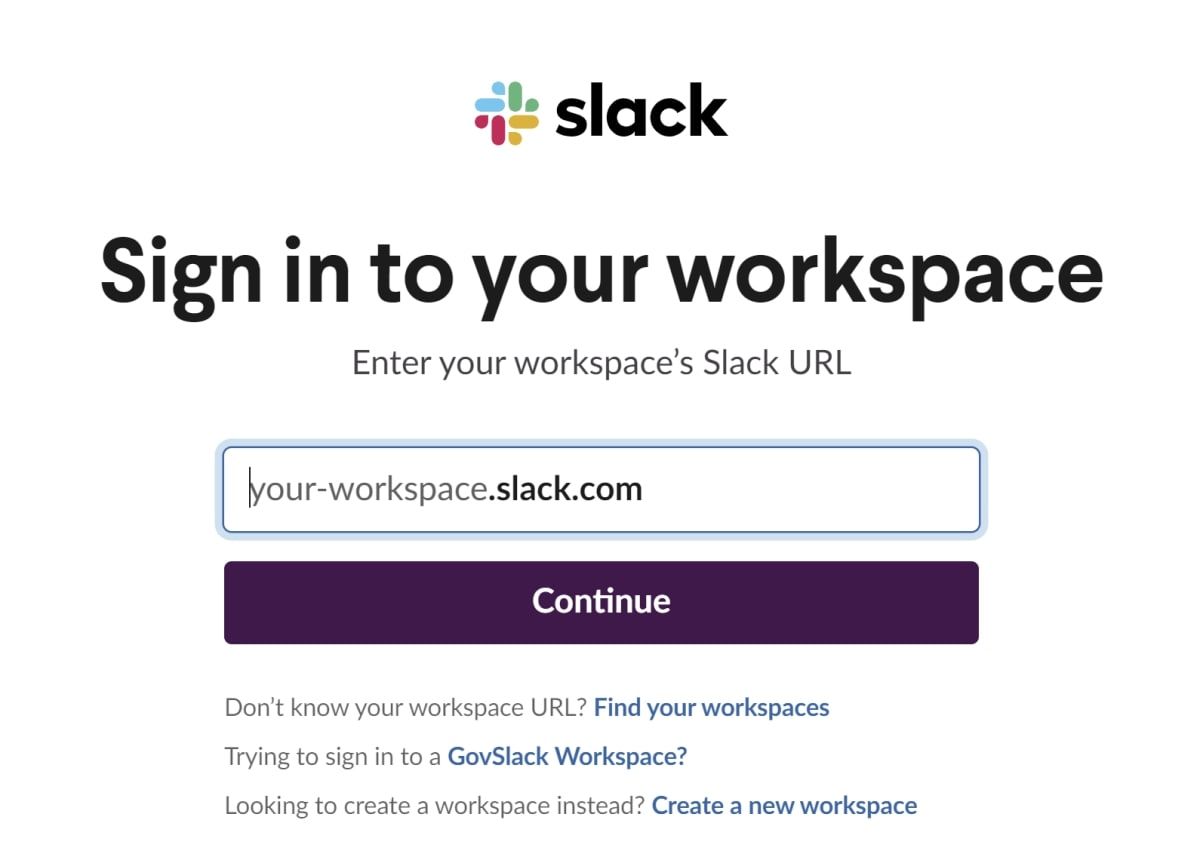 Prompt to sign in to Slack workspace