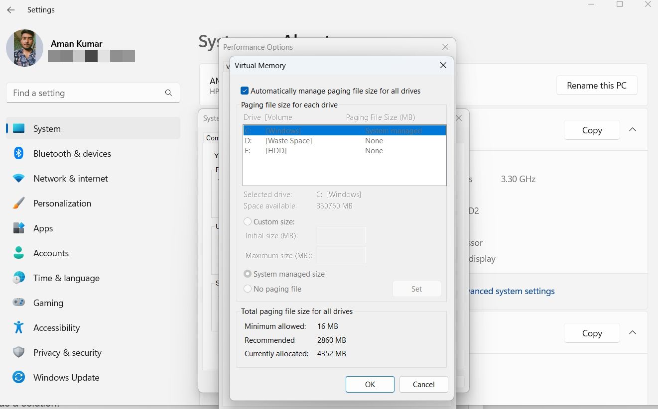 Automatically manage paging file size for all drives option in Settings