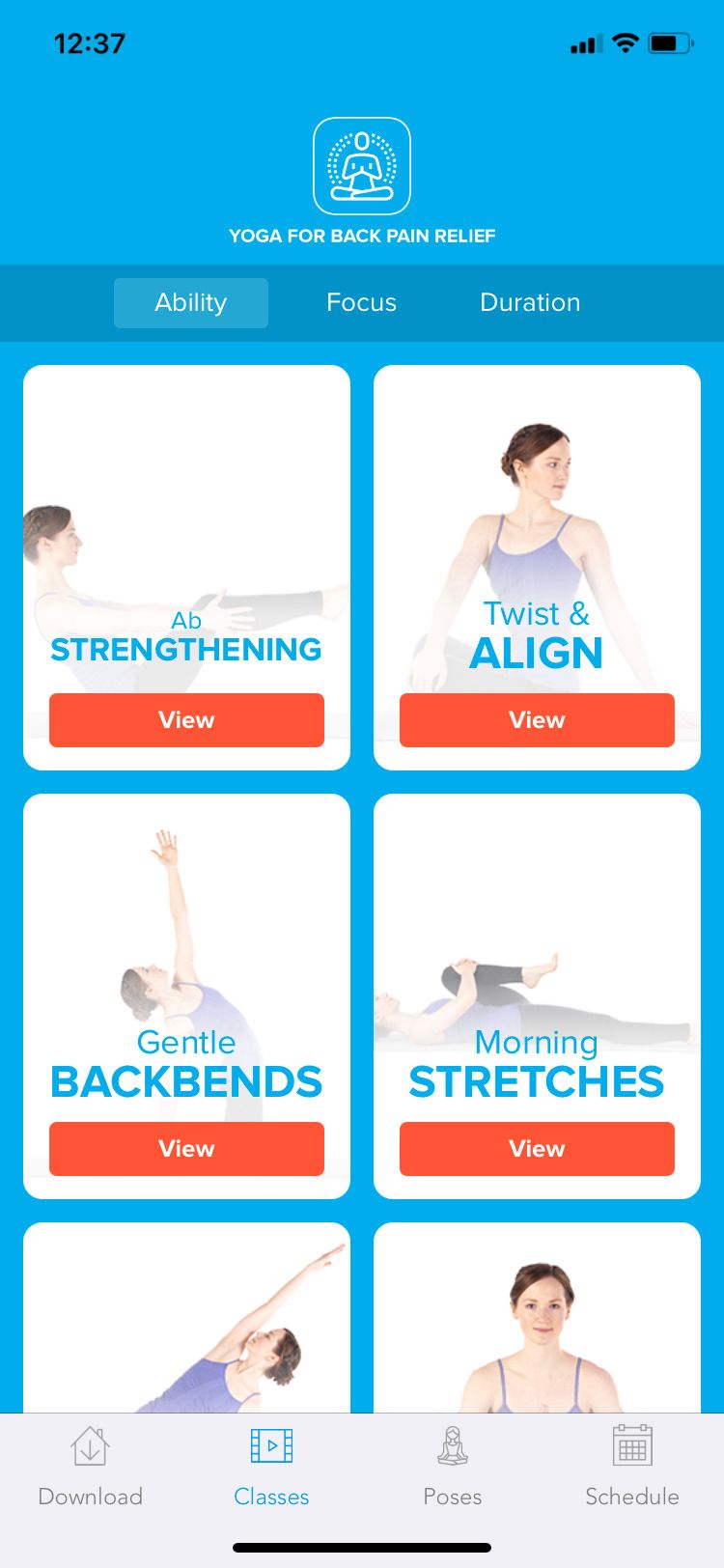 Back Pain Relief Exercises app classes screen