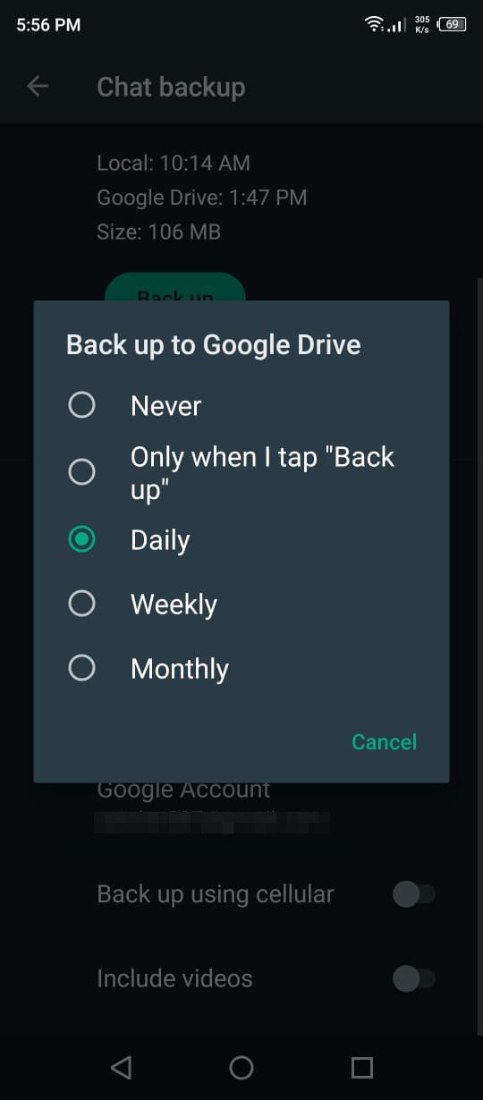Back Up to Google Drive Frequency Option in WhatsApp
