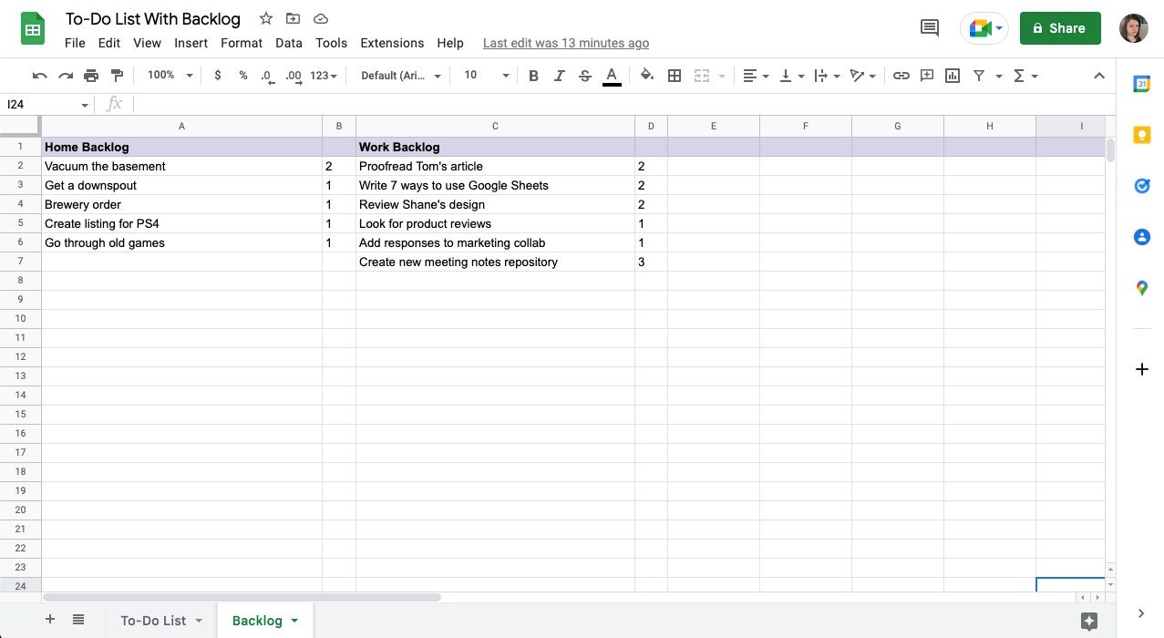 Backlogged list with rating system in spreadsheet software