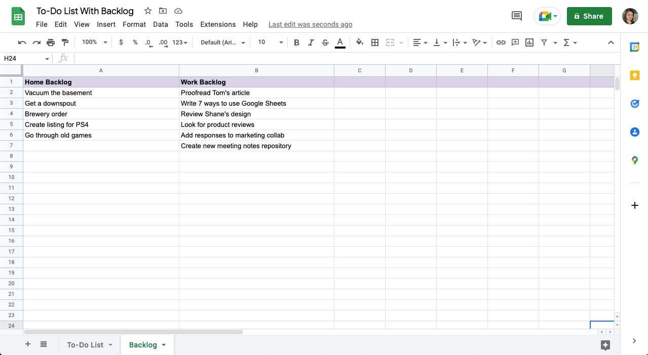 Backlogged lists in spreadsheet software