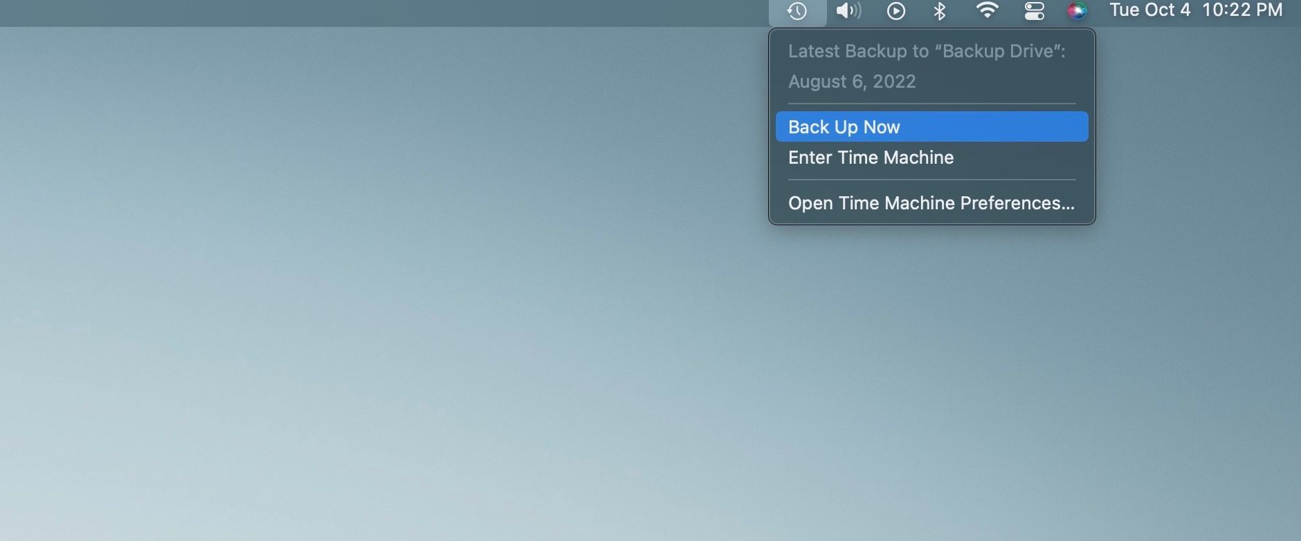 Back up now option in the menu bar