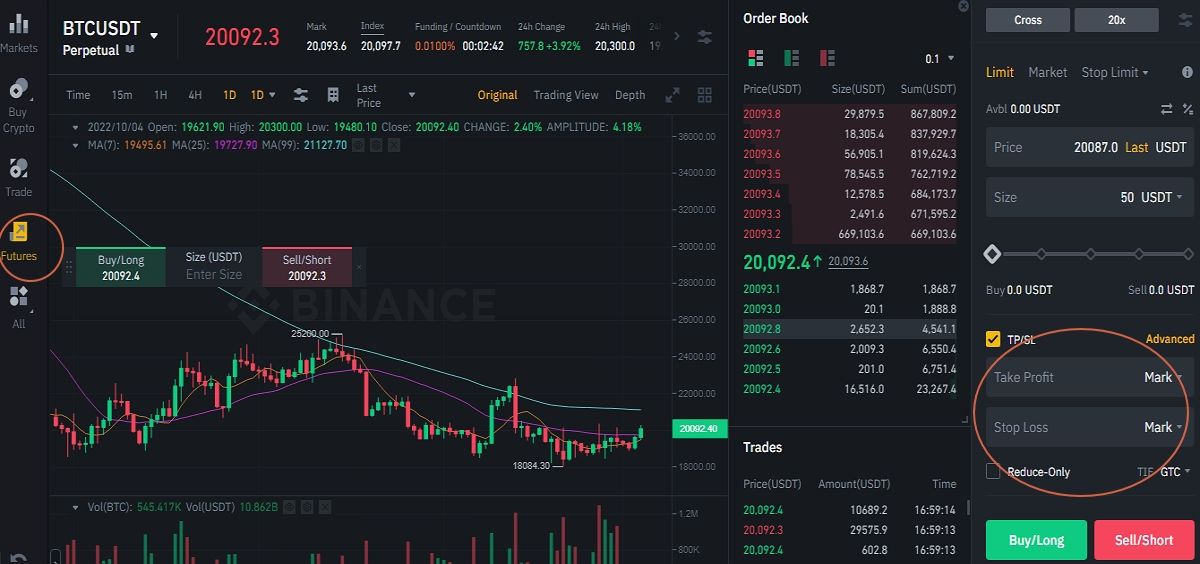 A screenshot of SL and TP points on Binance futures 