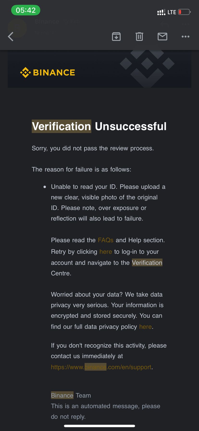Binance verification unsuccessful message