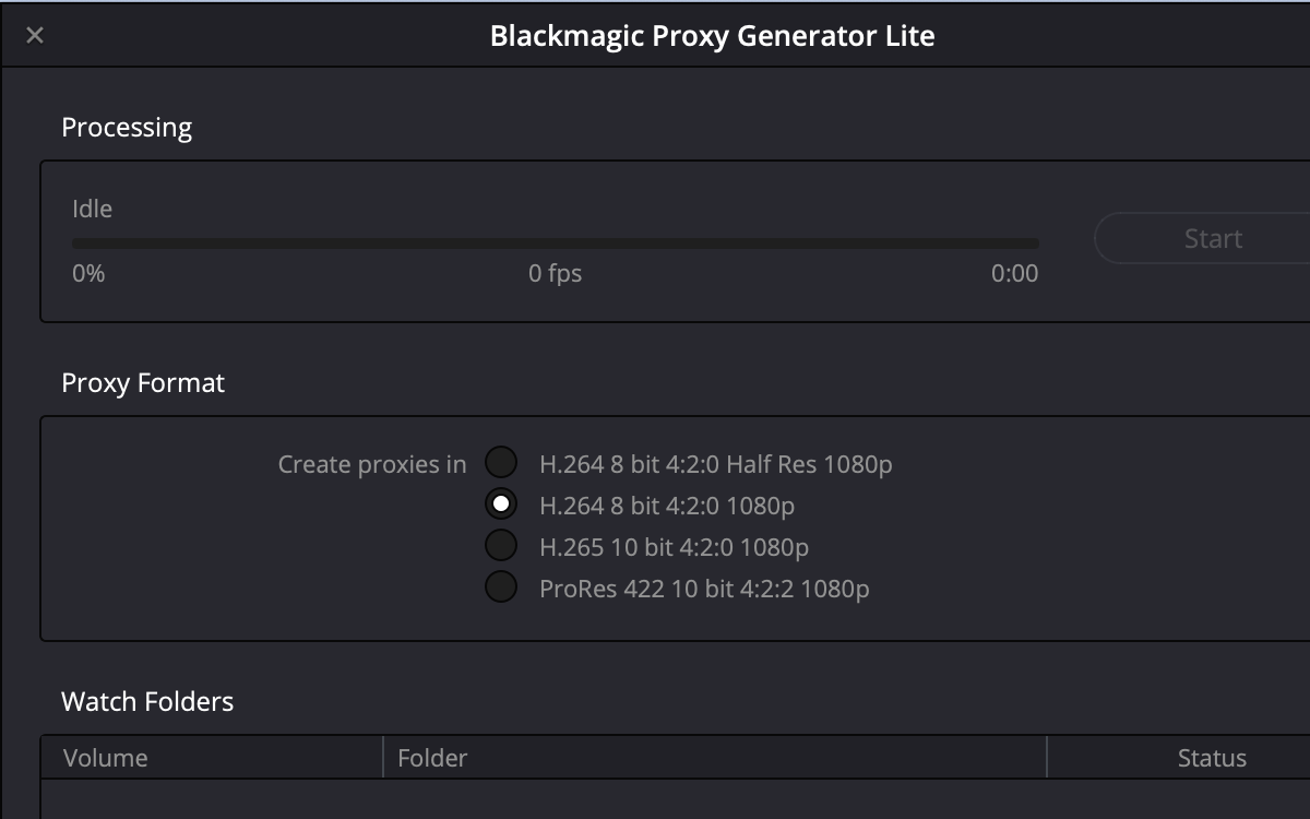 Blackmagic Proxy Generator App main page