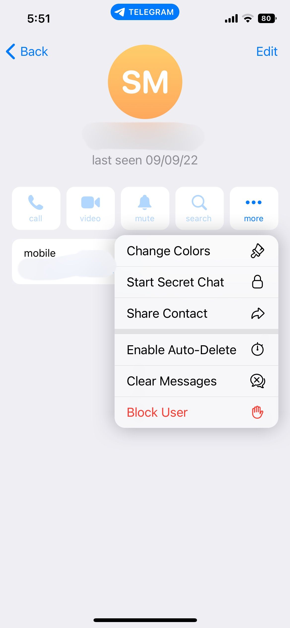 Block user on Telegram iOS