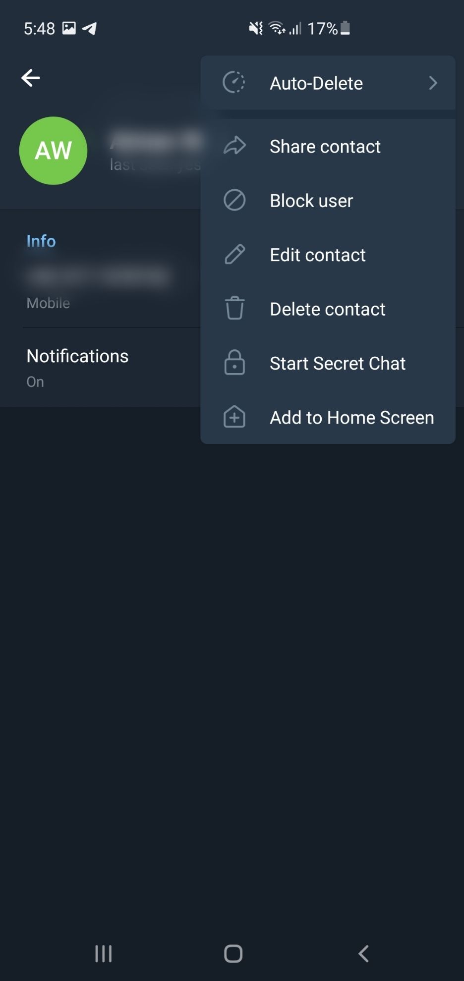 Block user on Telegram on Android device