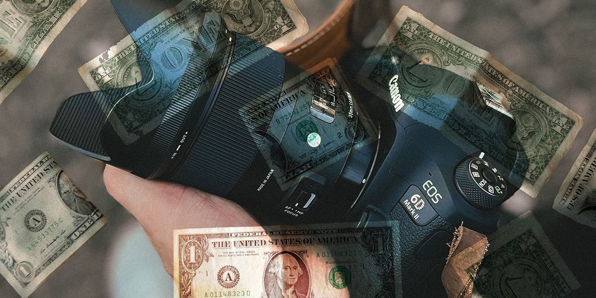 DSLR overlaid with photo of dollar notes.