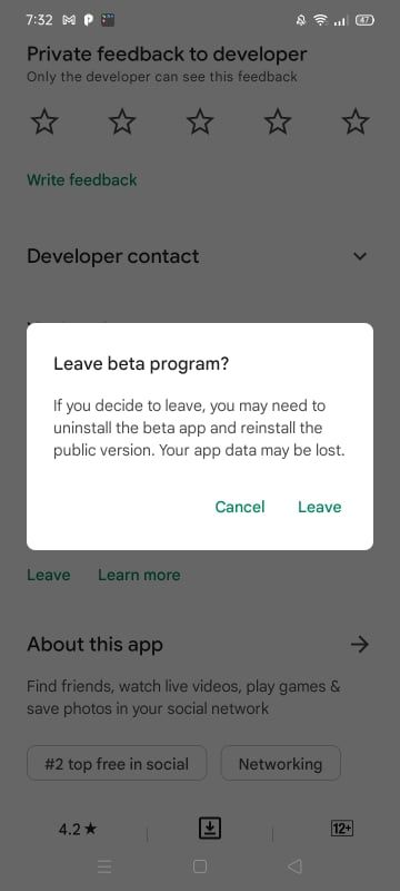 Clicking on Leave in the Confirmation Pop-Up to Leave Beta Program of an App in Google Play Store