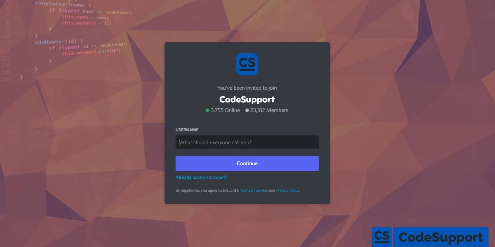 A screenshot of CodeSupport's invite page