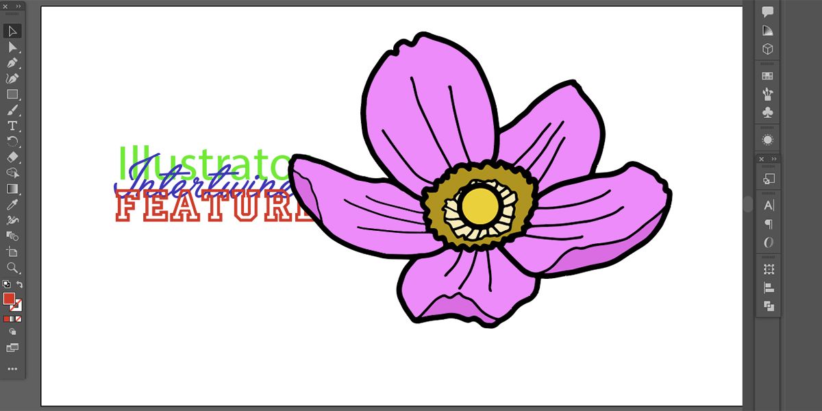 Layered text in Illustrator next to pink flower.
