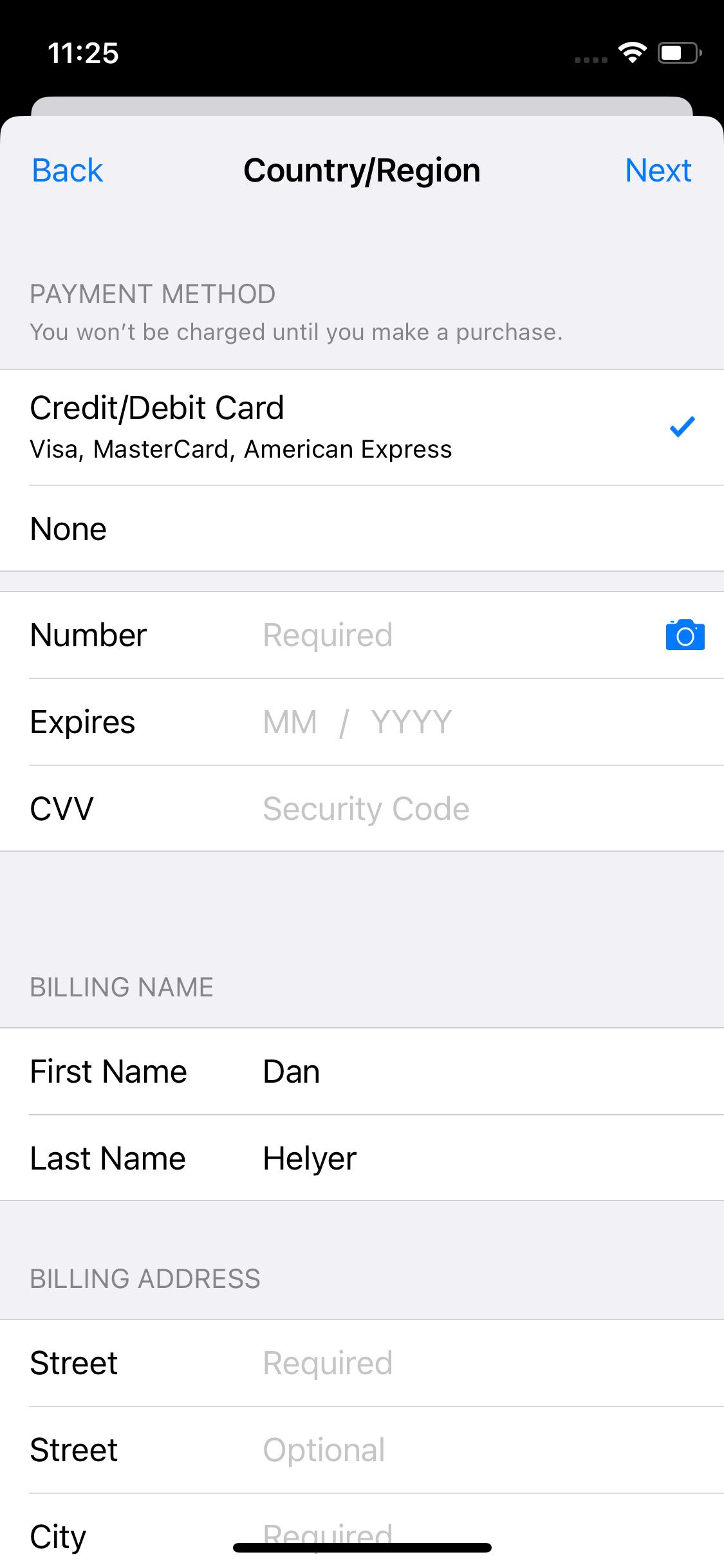 Country or Region payment details on iPhone