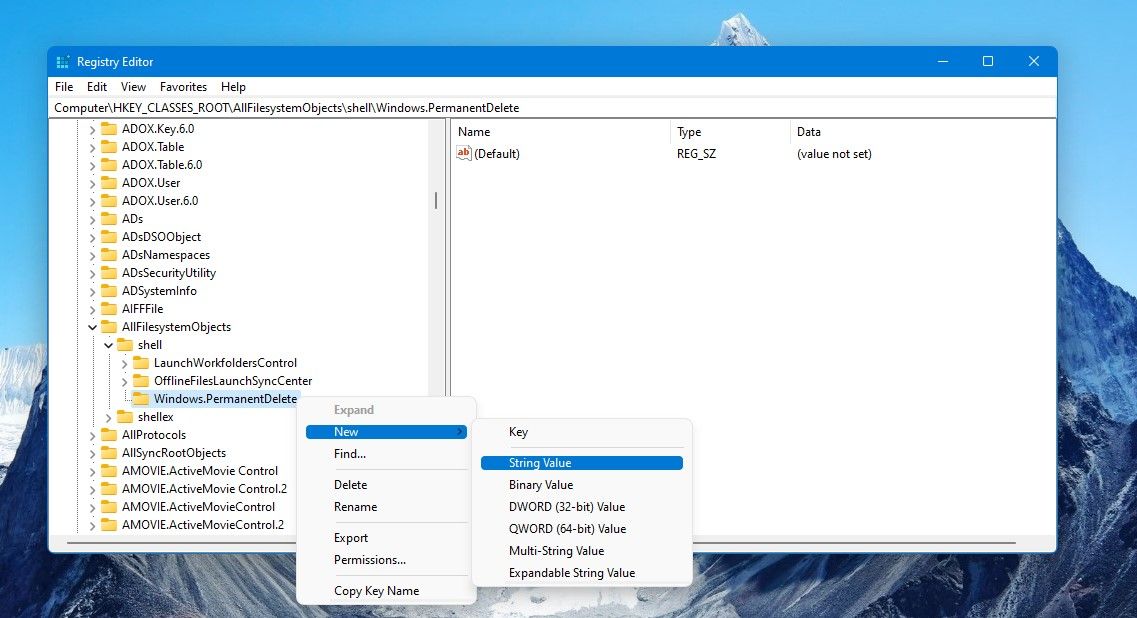 Create New String in Windows.PermanentDelete Key