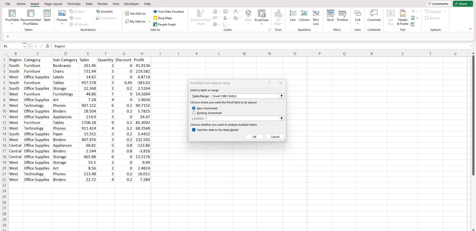 کادر محاوره ای جدول محوری در MS Excel